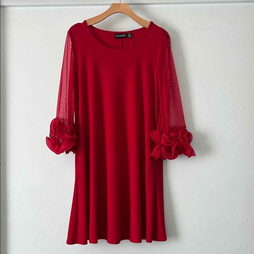 Nina Leonard Casual Flowy Mini Red Dress with Mesh Rose Floral Long Sleeves NWT